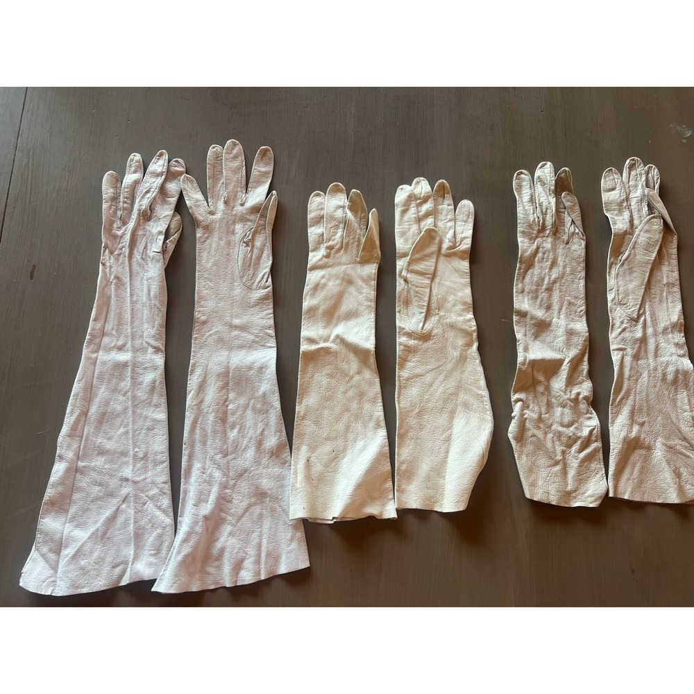 Vintage Leather Opera Gloves Lot 3 Pairs Cream White Long Evening Formal Theater